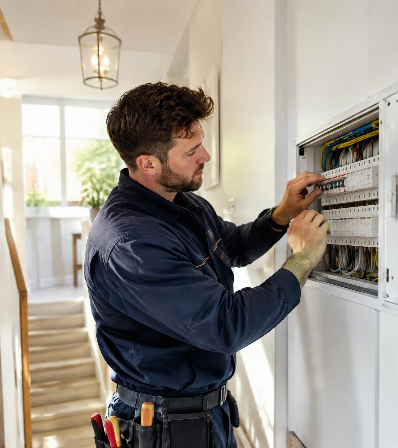 Illustrative image of an electrician fitting a consumer unit